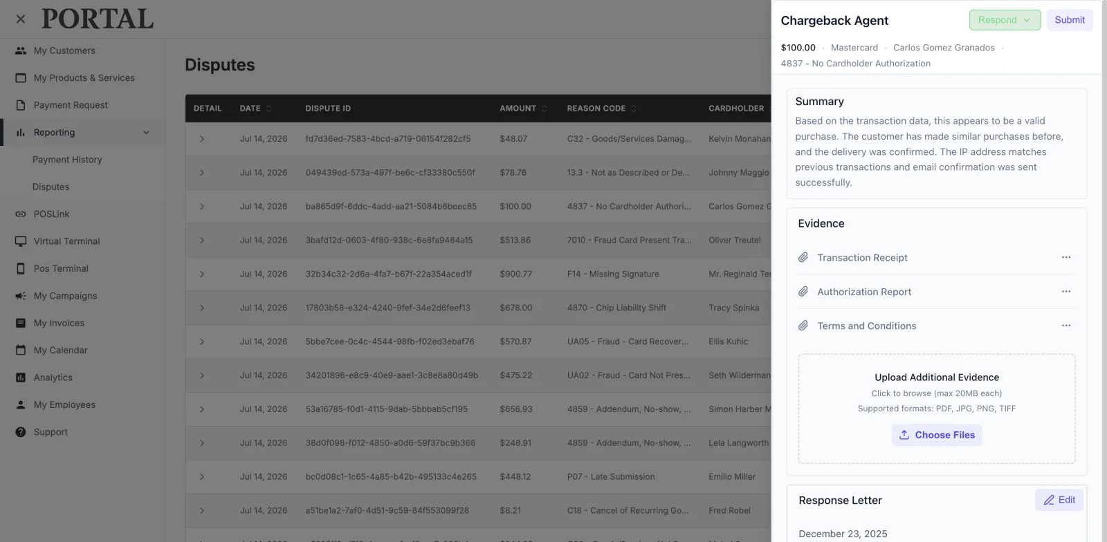 The Chargeback Agent open as a right-edge drawer beside a payment portal disputes table, showing the dispute summary, evidence list, and response letter.