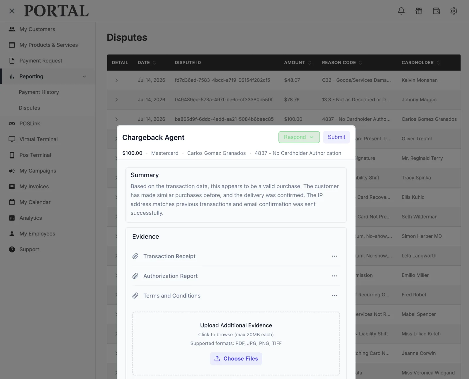 The Chargeback Agent open as a centered modal over a payment portal disputes table, showing the dispute summary, evidence list, and evidence upload area.